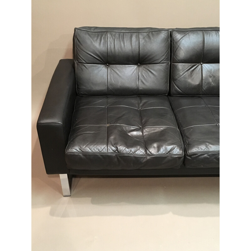 3-seater sofa in black leather and chromed metal - 1960s