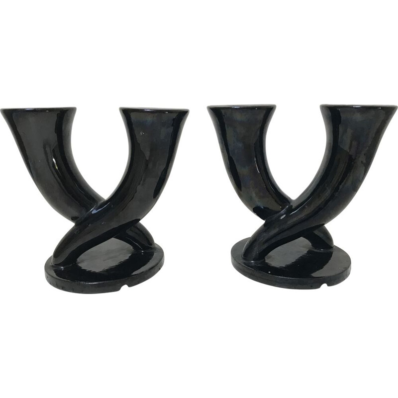 Pair of vintage ceramic candle holders by Lacheny Pottery, 1950