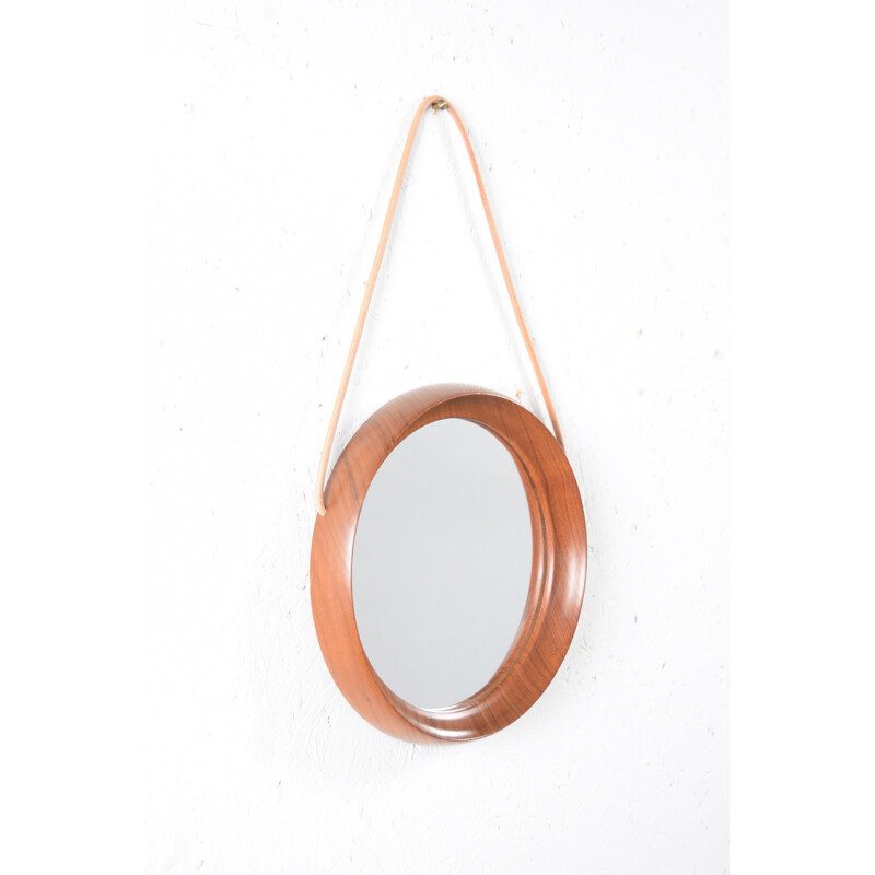 Petit miroir rond en bois de teck - 1960