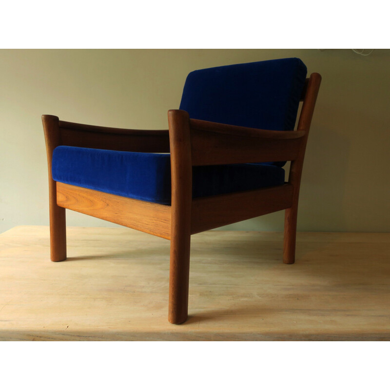 Vintage Dyrlund teak and blue velvet armchair, Denmark 1970s