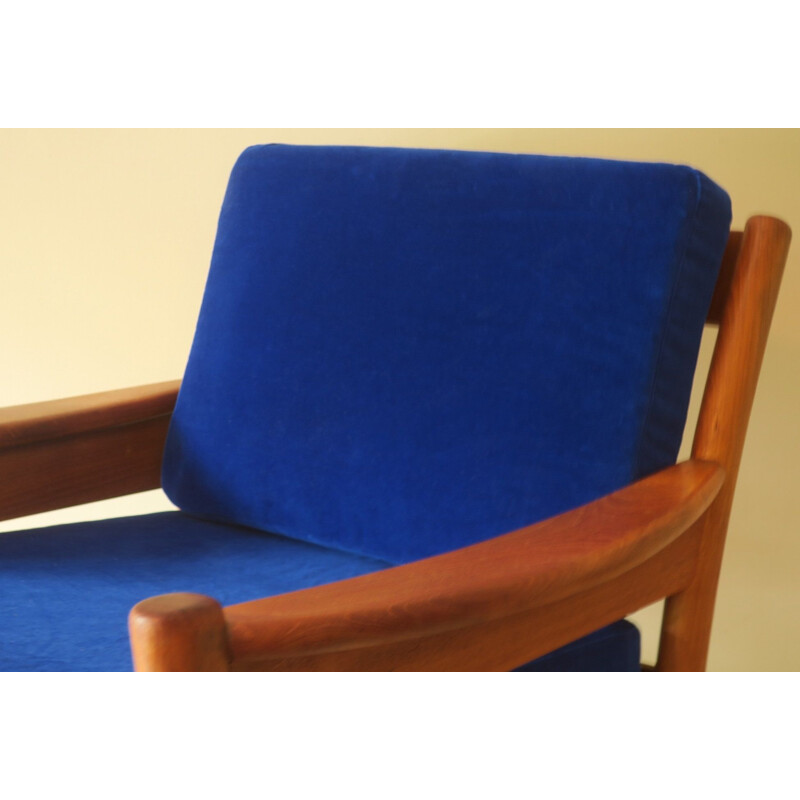 Vintage Dyrlund teak and blue velvet armchair, Denmark 1970s