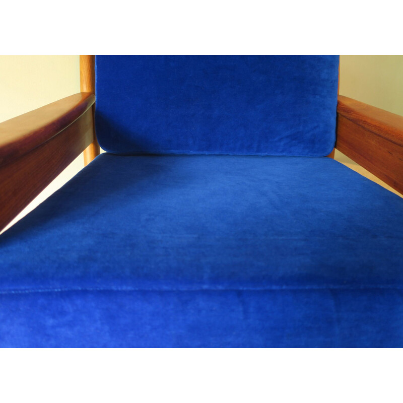 Vintage Dyrlund teak and blue velvet armchair, Denmark 1970s