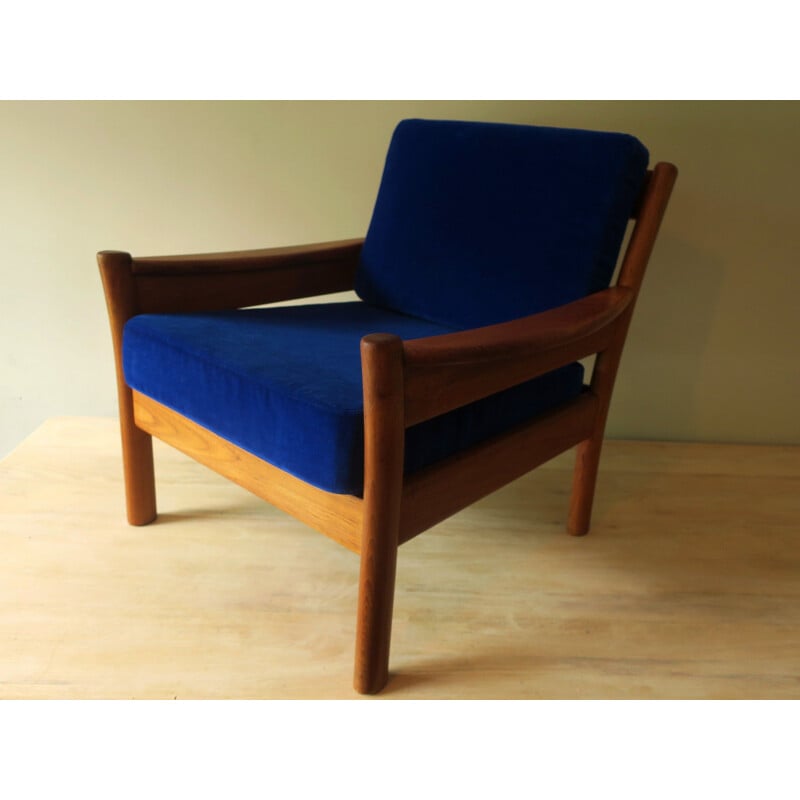 Vintage Dyrlund teak and blue velvet armchair, Denmark 1970s