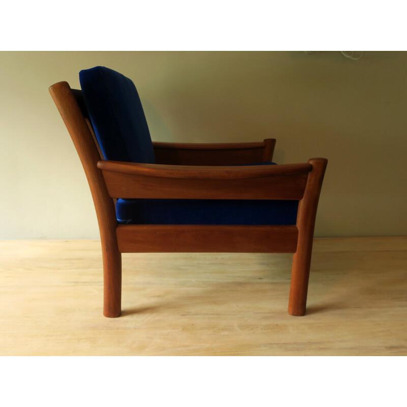 Vintage Dyrlund teak and blue velvet armchair, Denmark 1970s