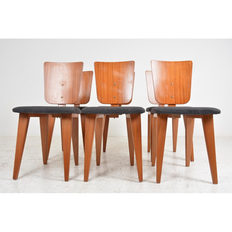 Set of 6 vintage chairs in wool fabric and mahogany by André Sornay, France 1950