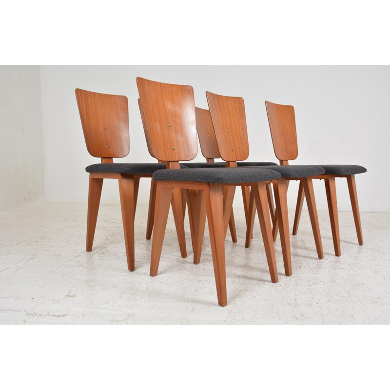 Set van 6 vintage stoelen in wollen stof en mahoniehout van André Sornay, Frankrijk 1950