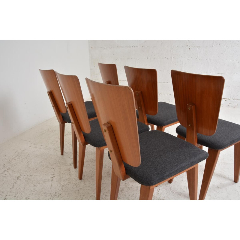 Set of 6 vintage chairs in wool fabric and mahogany by André Sornay, France 1950