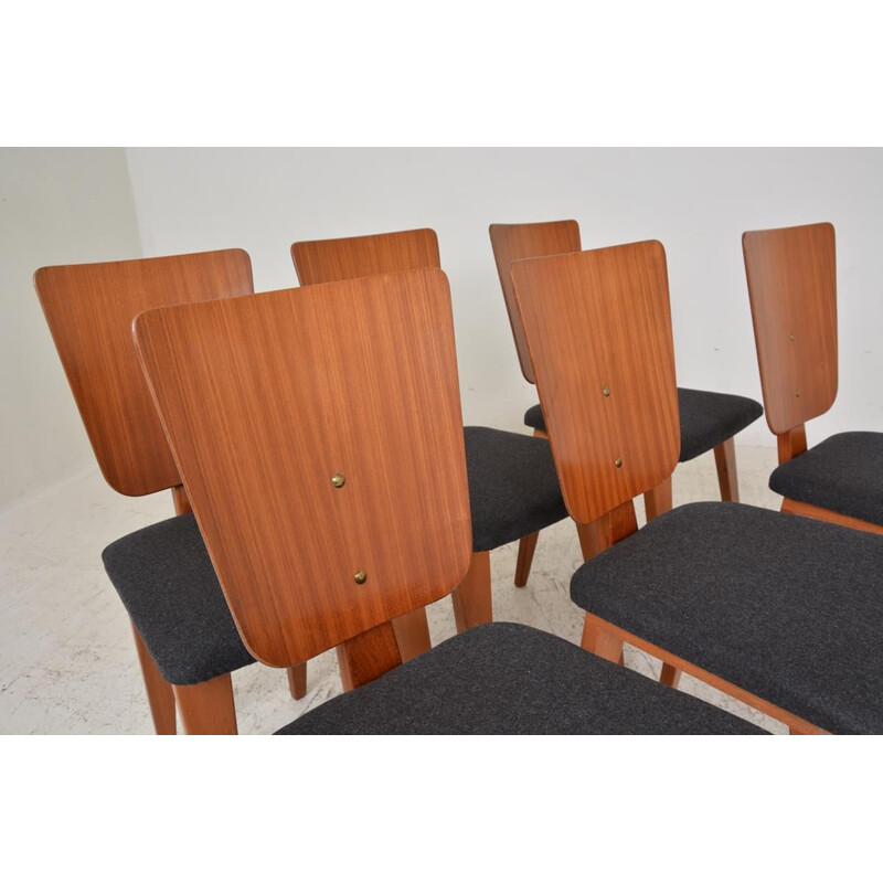 Ensemble de 6 chaises vintage en tissu de laine et en acajou par André Sornay, France 1950