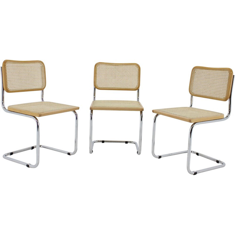 Set of 3 vintage chrome and cane chairs by Marcel Breuer, 1970s