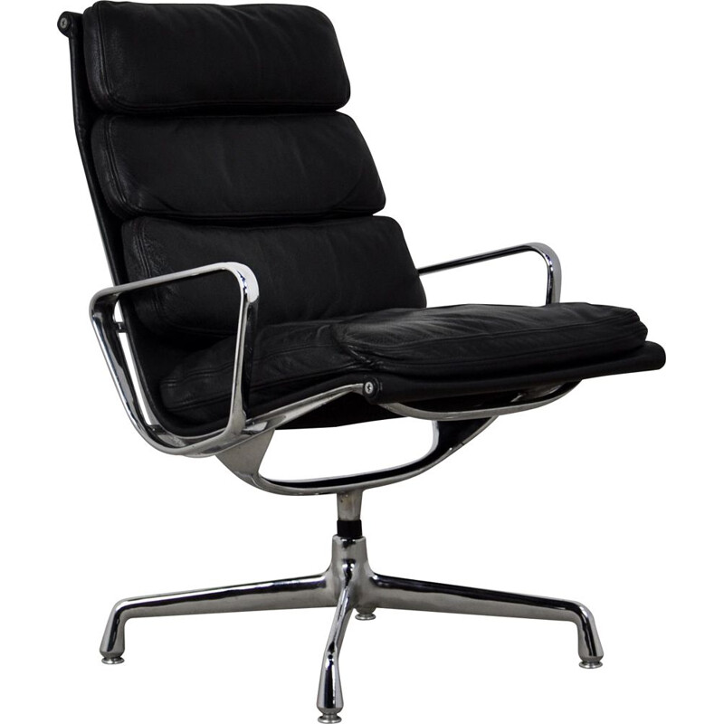 Vintage black leather Soft Pad chair by Charles & Ray Eames for Herman Miller, 1970