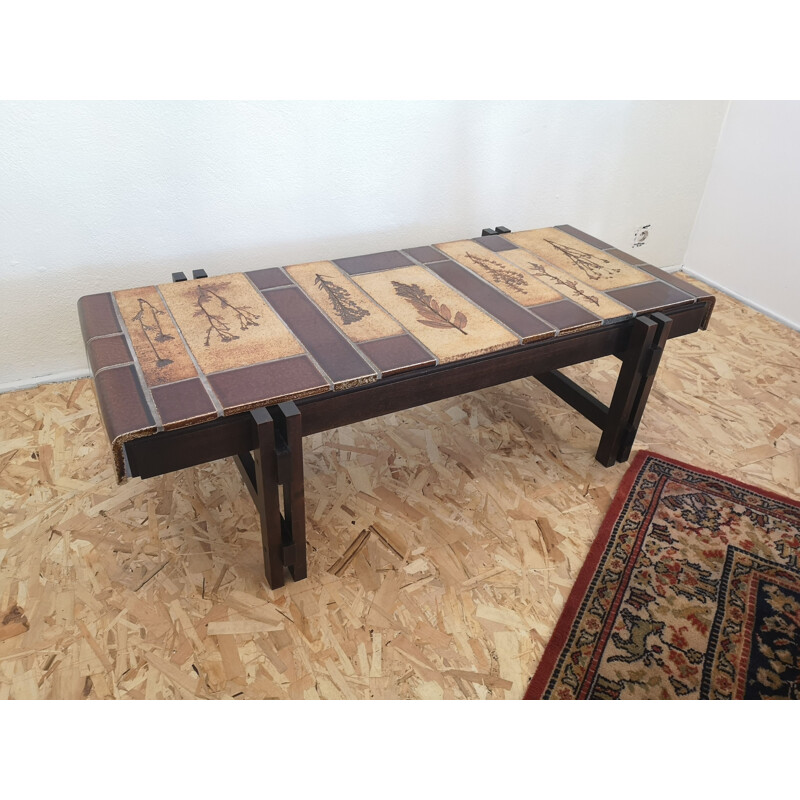 Vintage "Herbier" coffee table in tile and solid oak by Roger Capron, 1972