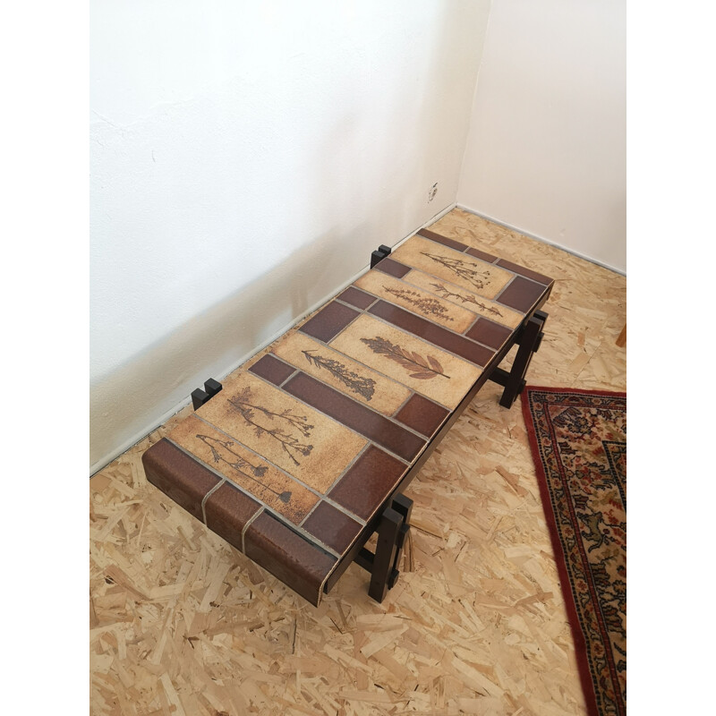 Vintage "Herbier" coffee table in tile and solid oak by Roger Capron, 1972