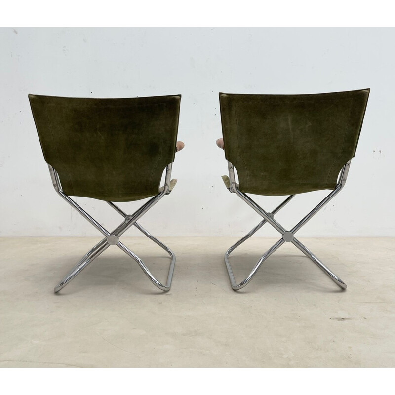 Set of 4 mid-century wood and green canvas folding armchairs