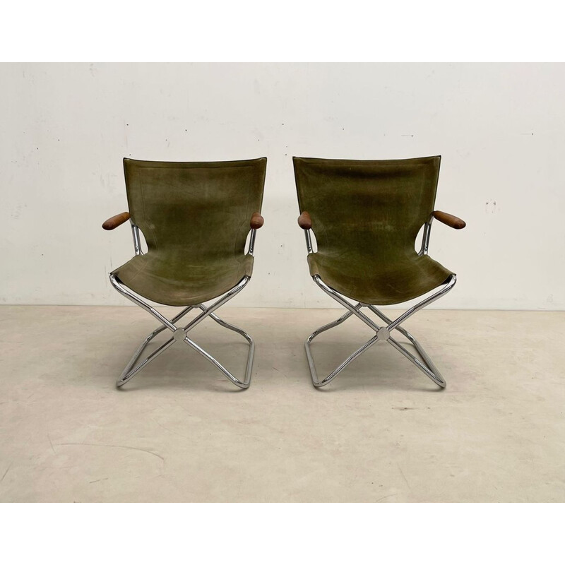 Set of 4 mid-century wood and green canvas folding armchairs