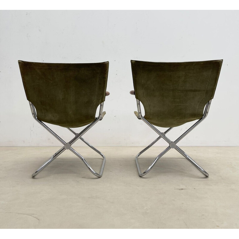 Set of 4 mid-century wood and green canvas folding armchairs