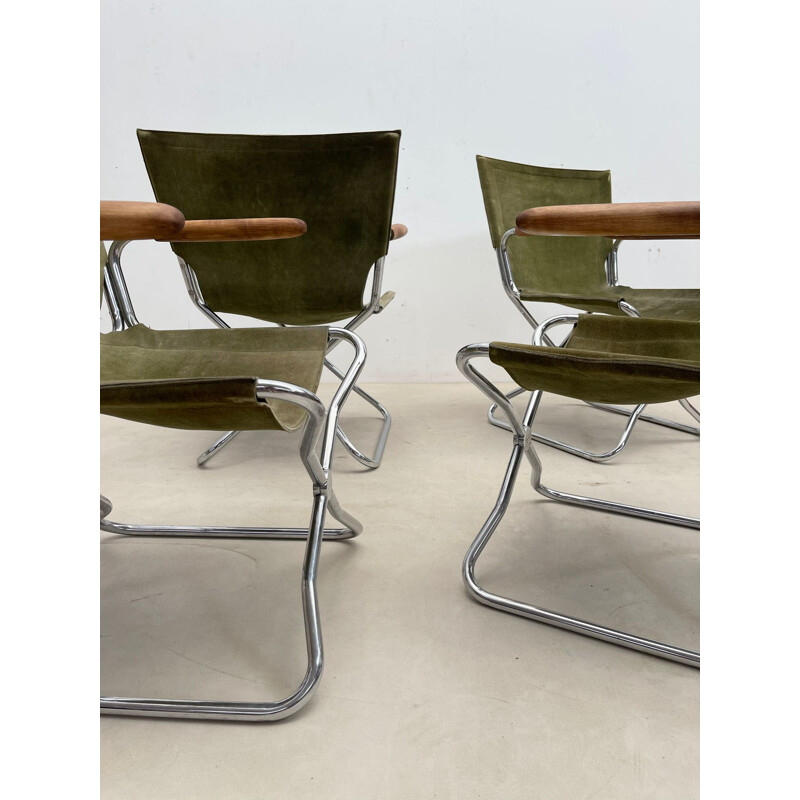 Set of 4 mid-century wood and green canvas folding armchairs