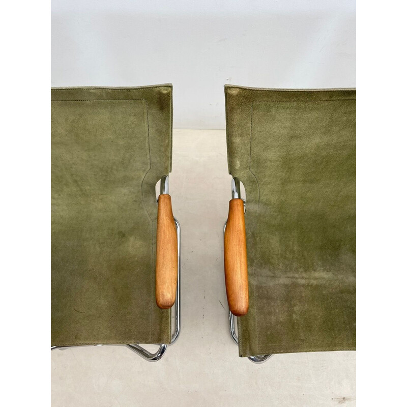 Set of 4 mid-century wood and green canvas folding armchairs