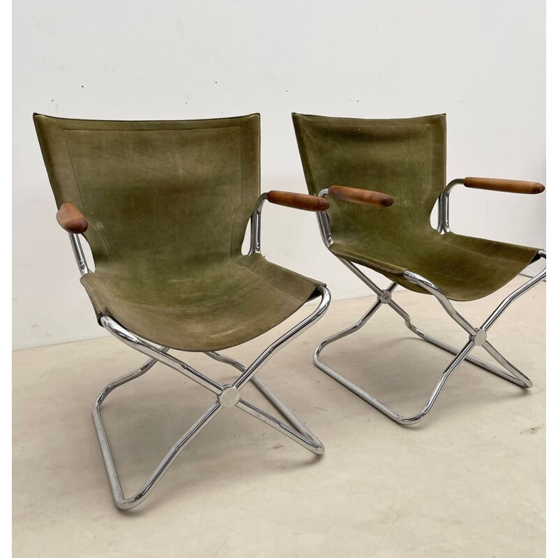 Ensemble de 4 fauteuils pliants vintage en bois et toile verte