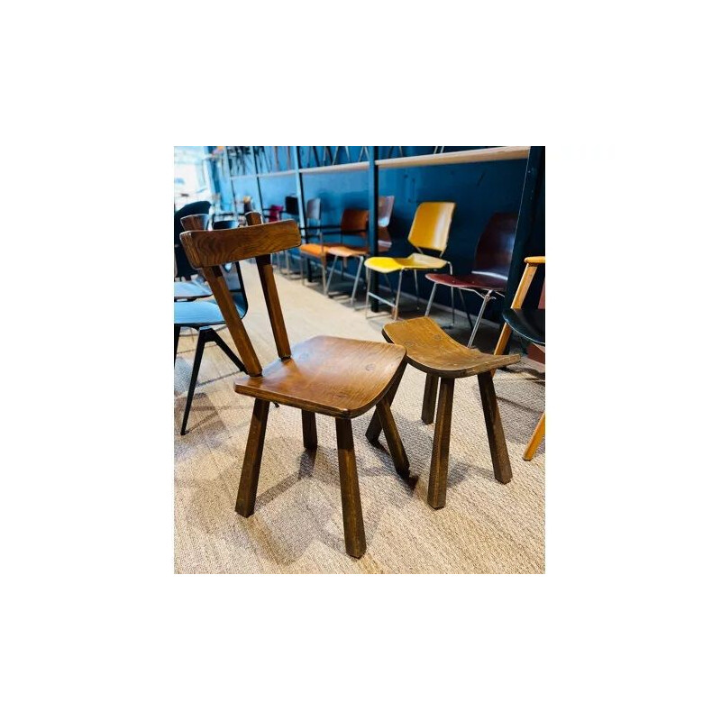 Set of 30 vintage brutalist chairs in solid elmwood, 1950-1960