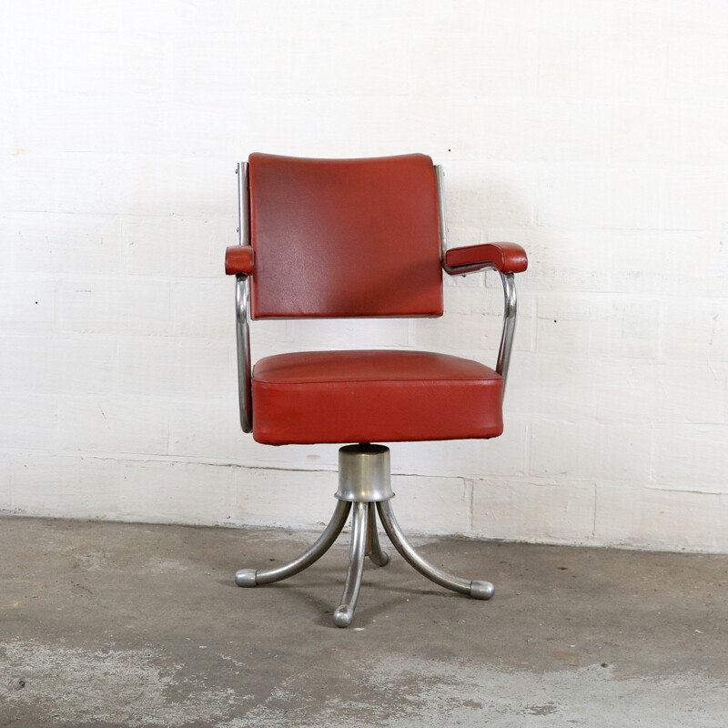 Gispen office chair in red leatherette and chromed metal - 1950s