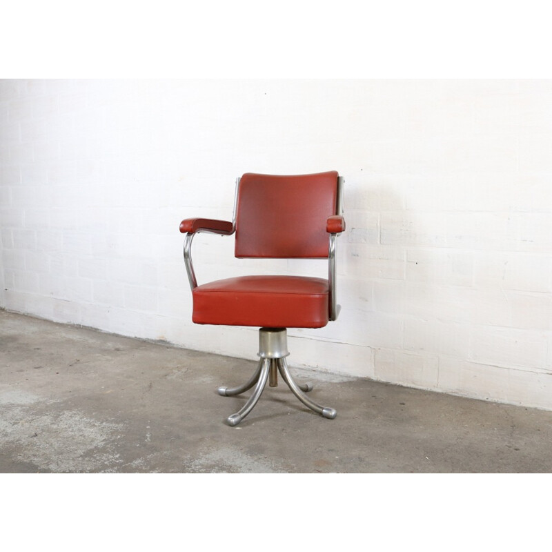 Gispen office chair in red leatherette and chromed metal - 1950s