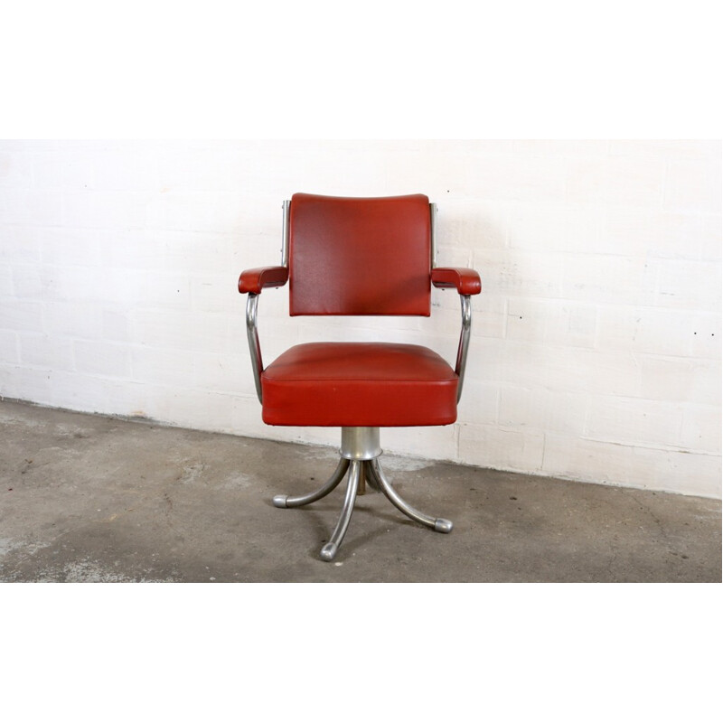 Gispen office chair in red leatherette and chromed metal - 1950s