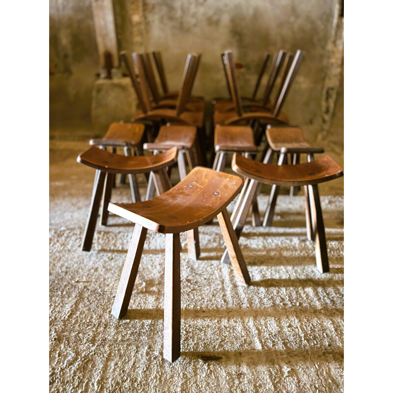 Set of 30 vintage brutalist footrests in solid elmwood, 1950