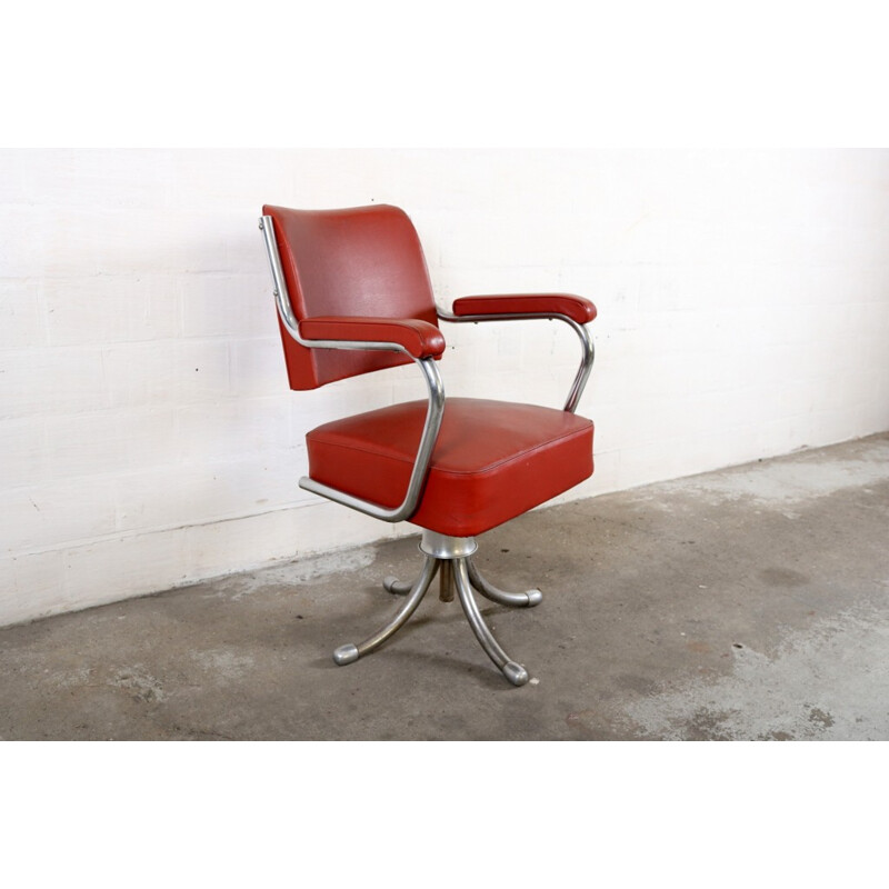 Gispen office chair in red leatherette and chromed metal - 1950s