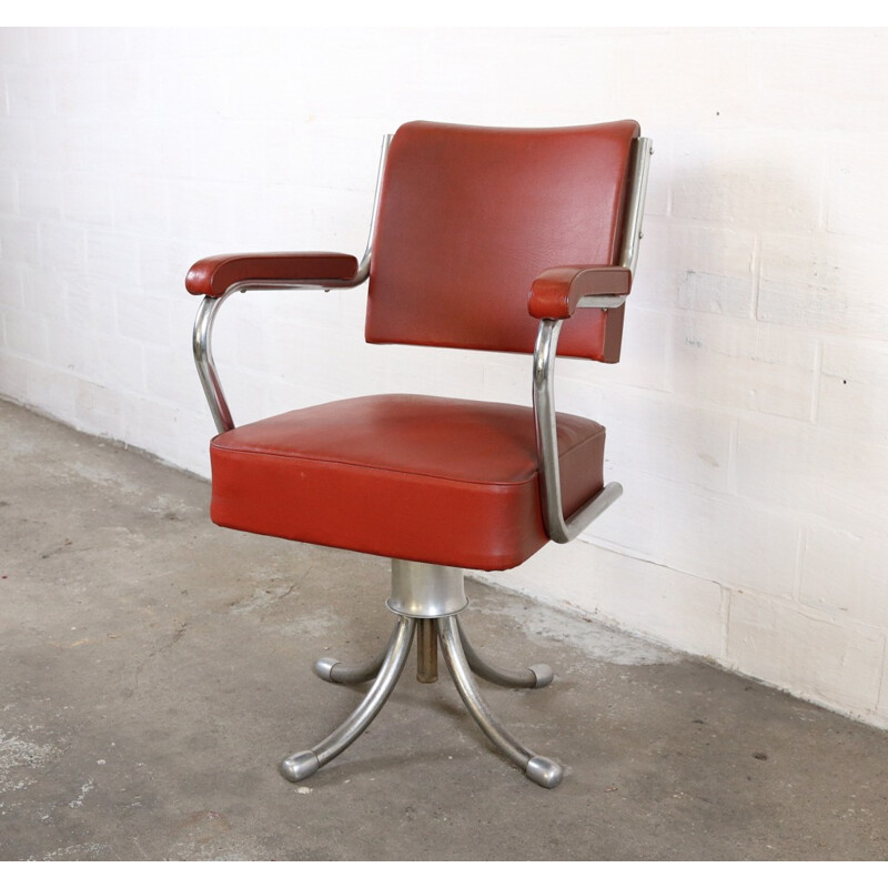 Gispen office chair in red leatherette and chromed metal - 1950s