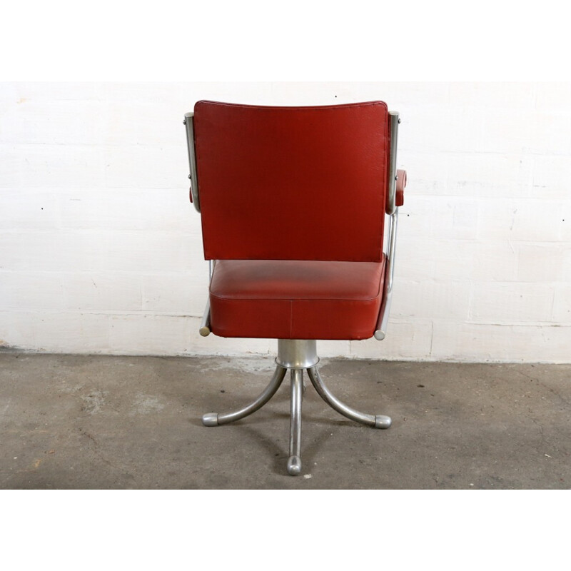 Fauteuil de bureau Gispen en simili cuir rouge et métal chromé - 1950