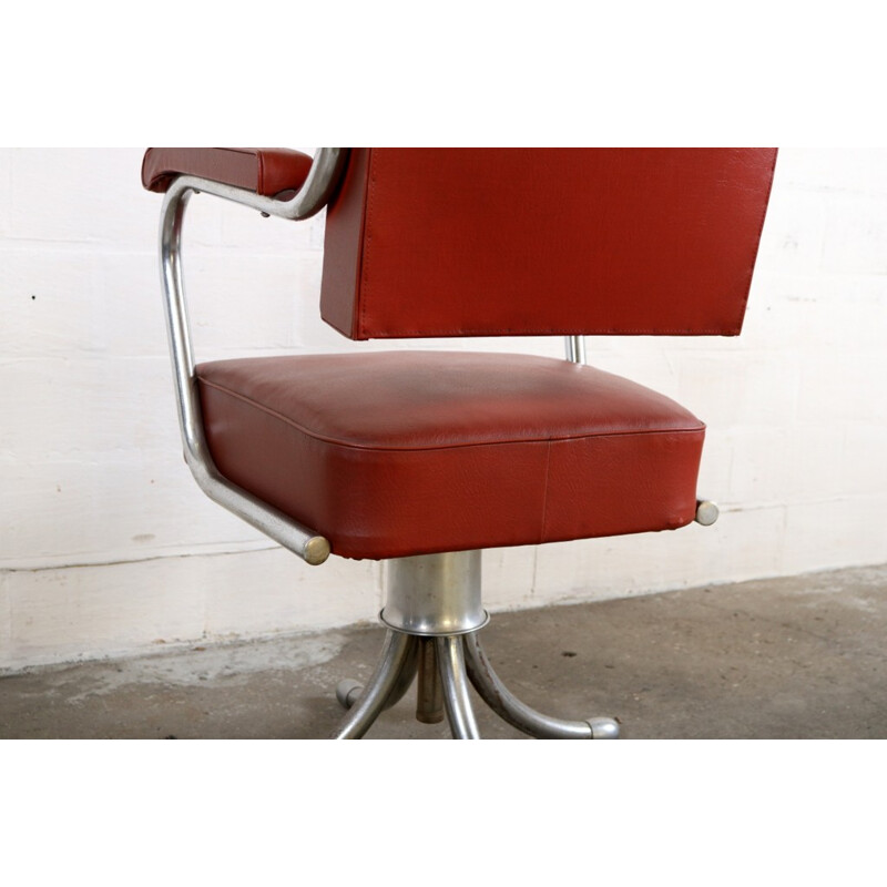 Gispen office chair in red leatherette and chromed metal - 1950s