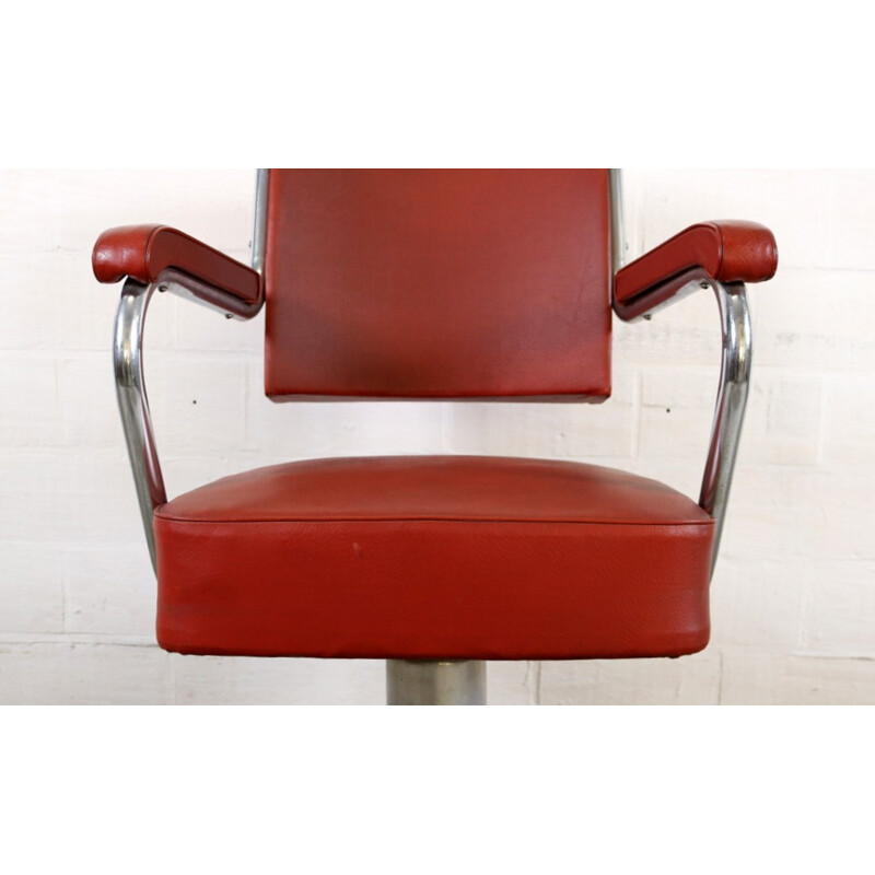 Fauteuil de bureau Gispen en simili cuir rouge et métal chromé - 1950