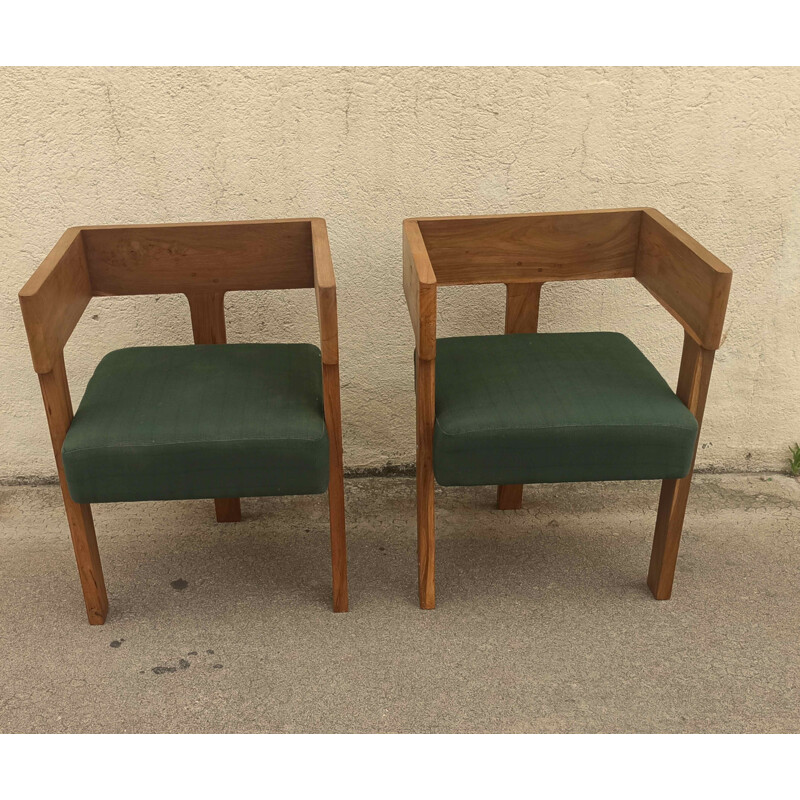 Pair of vintage tripod armchairs in solid teak and green fabric, 1960