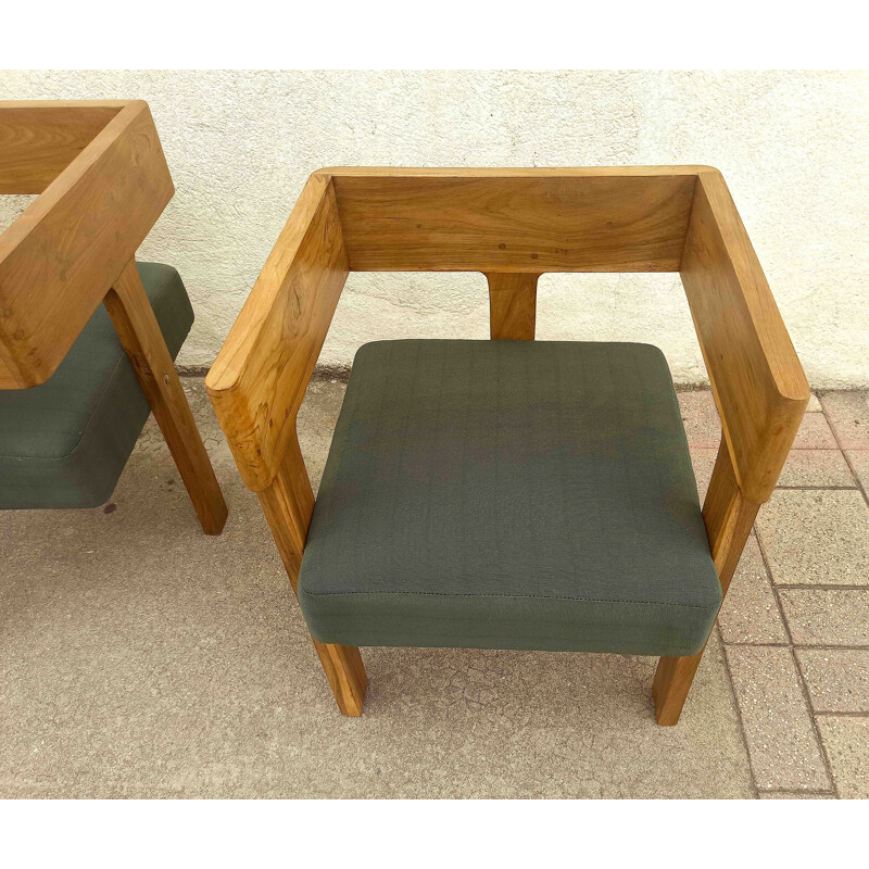 Pair of vintage tripod armchairs in solid teak and green fabric, 1960