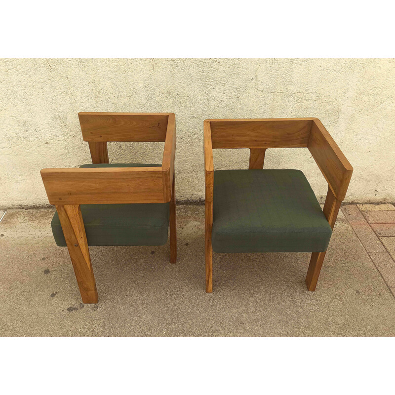 Pair of vintage tripod armchairs in solid teak and green fabric, 1960