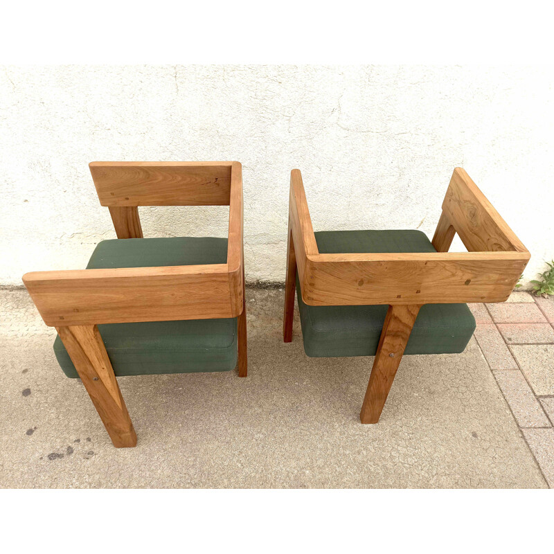 Pair of vintage tripod armchairs in solid teak and green fabric, 1960