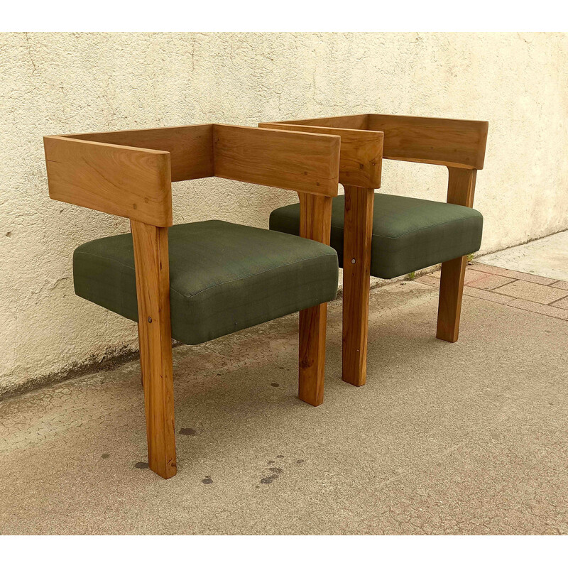 Pair of vintage tripod armchairs in solid teak and green fabric, 1960