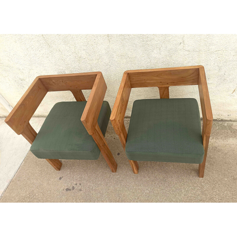 Paire de fauteuils tripode vintage en teck massif et tissu vert, 1960