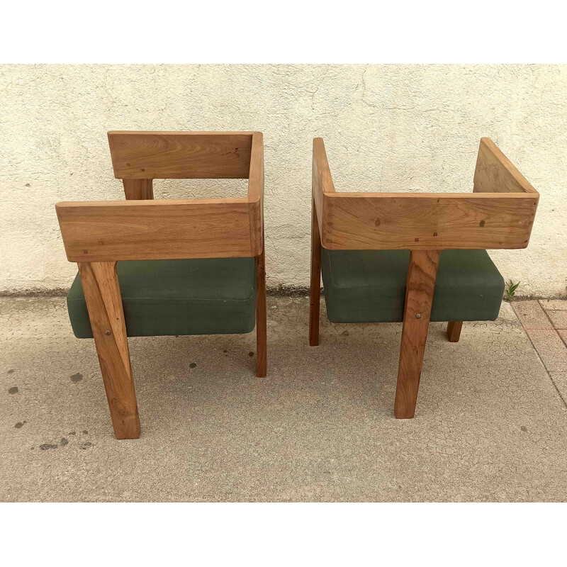 Pair of vintage tripod armchairs in solid teak and green fabric, 1960