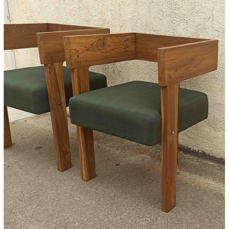 Pair of vintage tripod armchairs in solid teak and green fabric, 1960