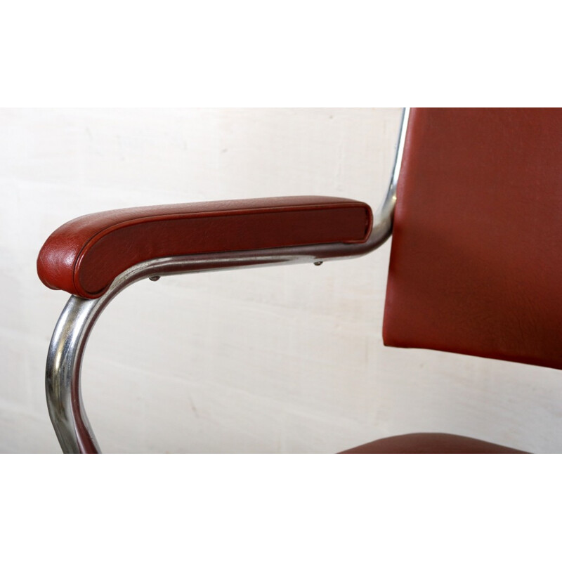 Gispen office chair in red leatherette and chromed metal - 1950s