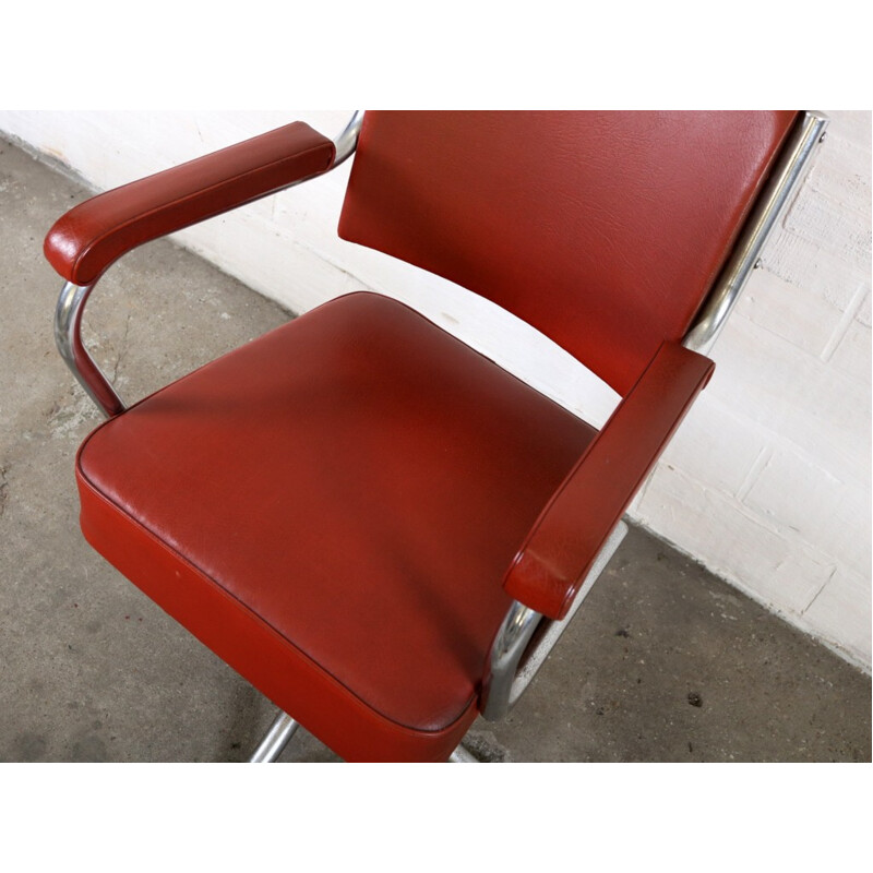 Gispen office chair in red leatherette and chromed metal - 1950s