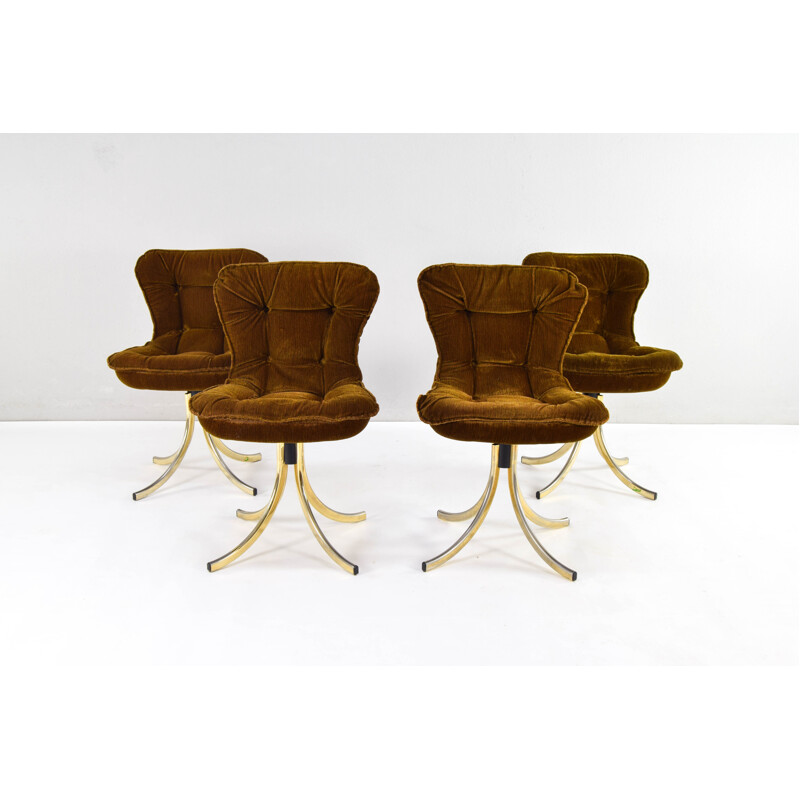 Set of 4 vintage velvet and brass swivel dining chairs by Gastone Rinaldi for Rima, Italy 1970s
