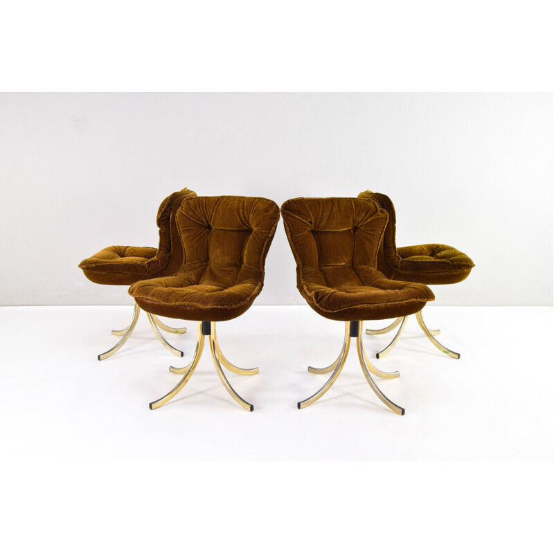 Ensemble de 4 chaises pivotantes vintage en velours et laiton par Gastone Rinaldi pour Rima, Italie 1970