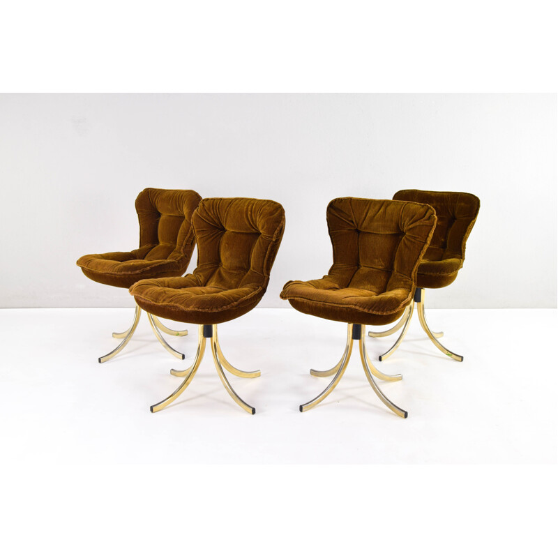 Set of 4 vintage velvet and brass swivel dining chairs by Gastone Rinaldi for Rima, Italy 1970s