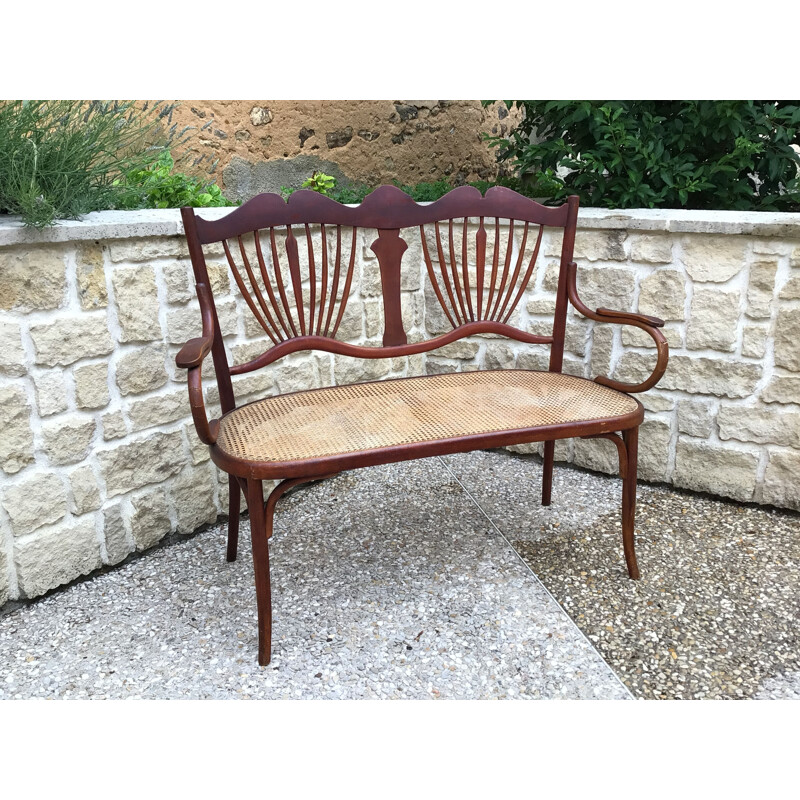 Vintage-Bank aus gebogenem Holz und Rattan von Fischel