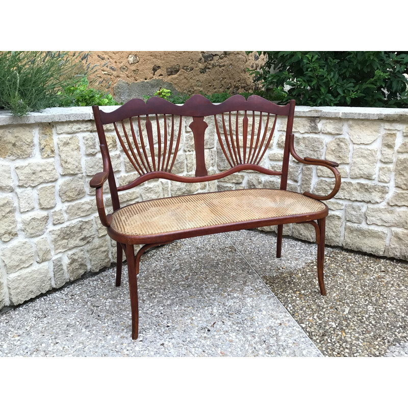 Vintage bentwood and rattan bench by Fischel