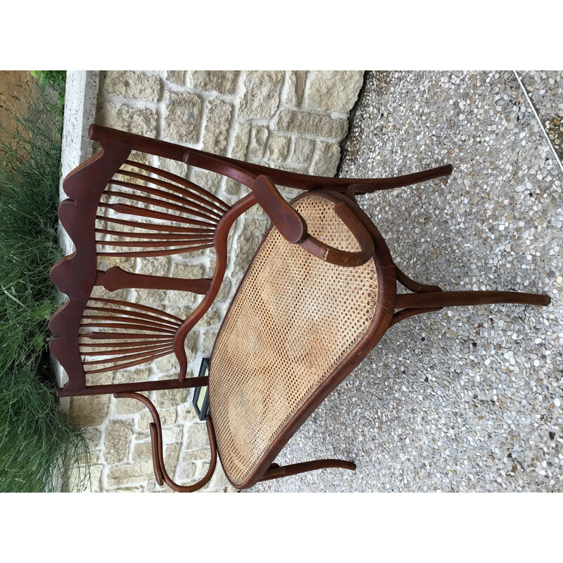 Vintage bentwood and rattan bench by Fischel