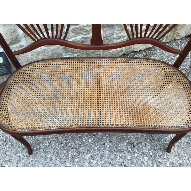 Vintage-Bank aus gebogenem Holz und Rattan von Fischel