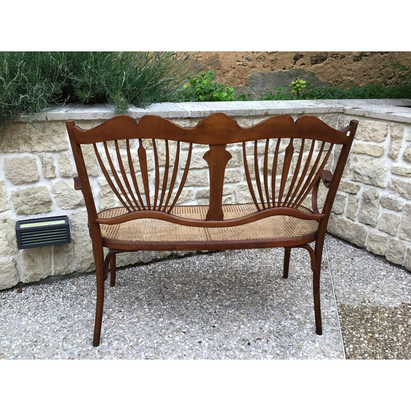 Vintage bentwood and rattan bench by Fischel